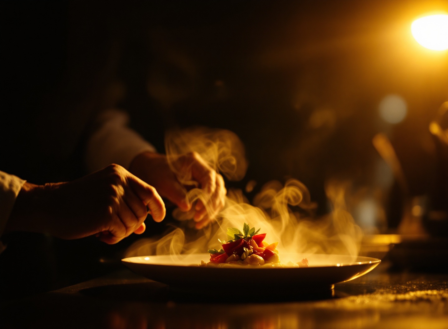 A chef's hands plating a dish under a single overhead spotlight, steam curling through golden light