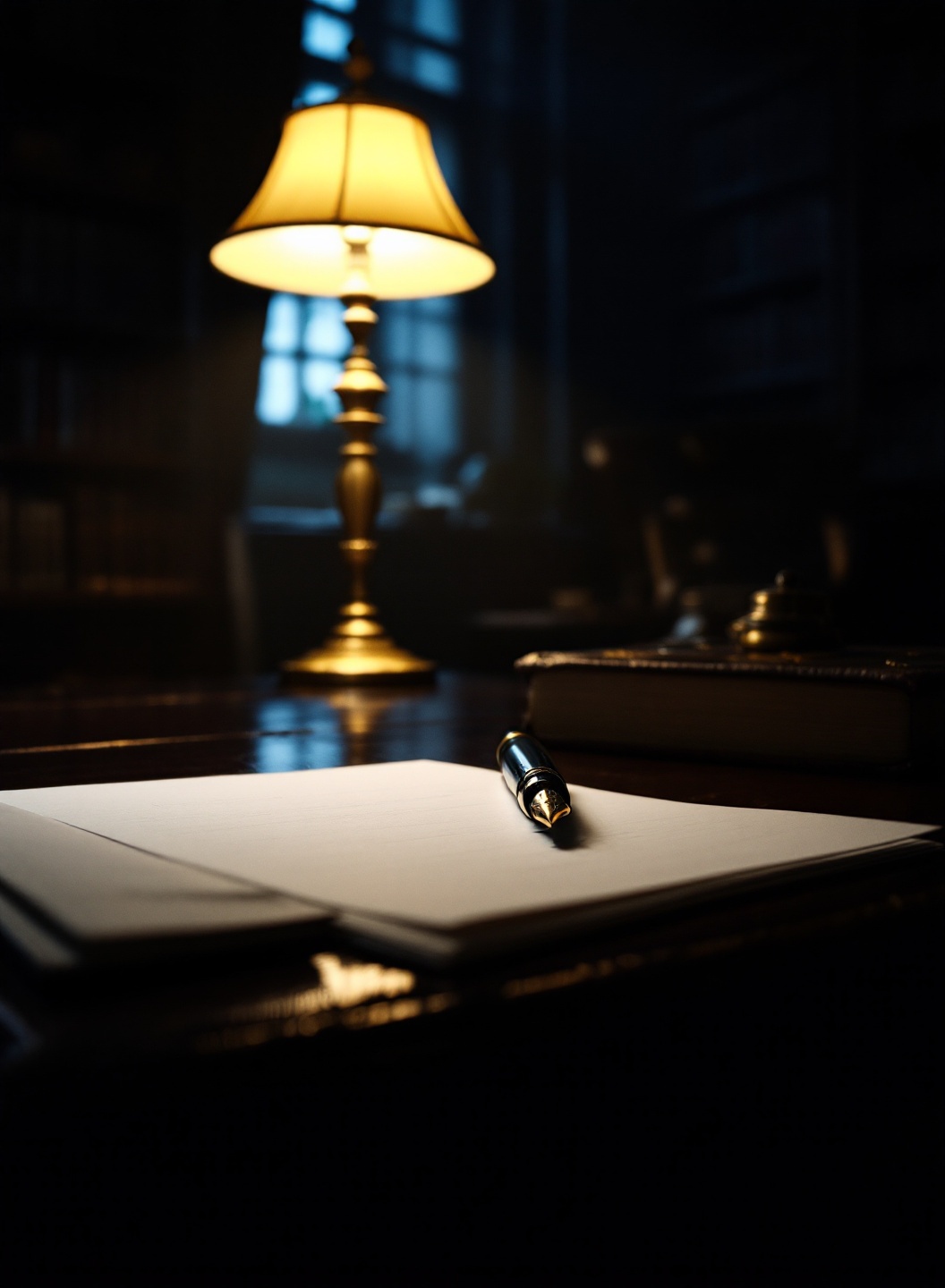 A solicitor's chambers at night — a fountain pen in a pool of brass lamplight, bookshelves receding into darkness