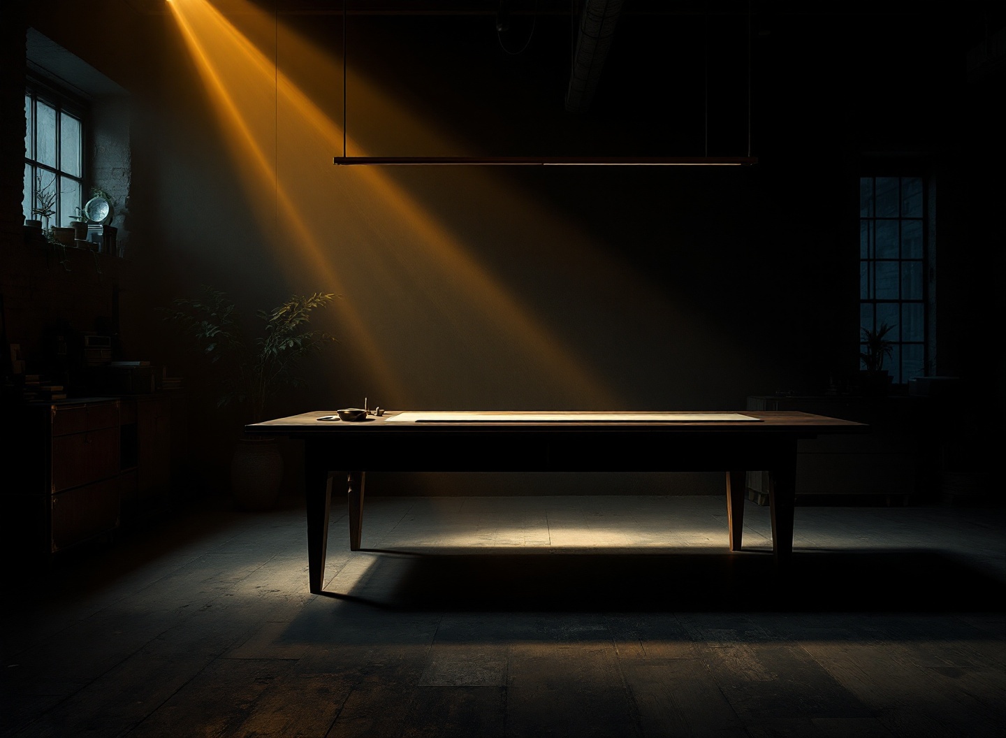 Commissioned artwork: a midnight atelier crossed by a single beam of champagne light