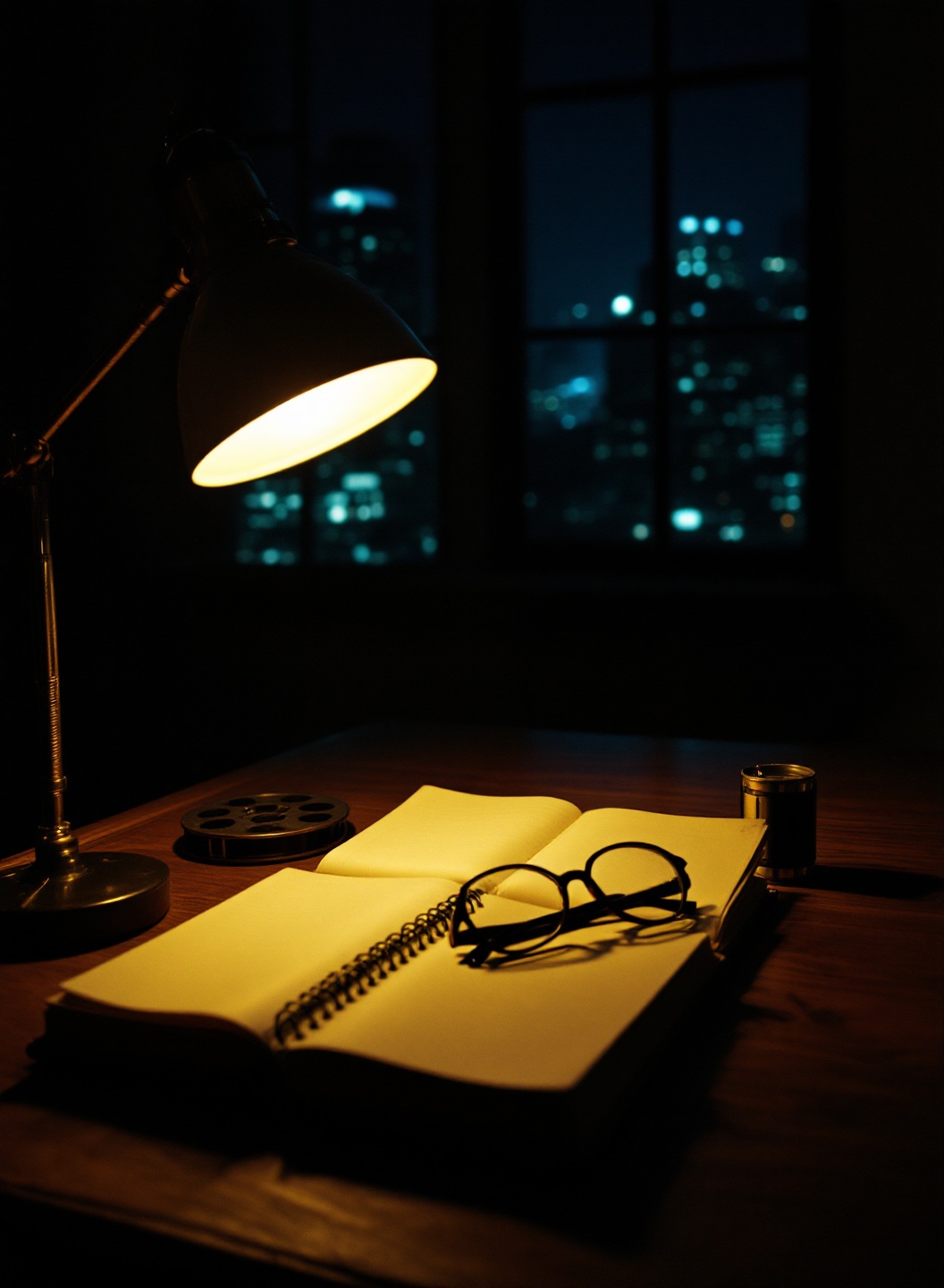 A director's study at midnight — an open notebook and a film-reel canister in a pool of warm lamplight