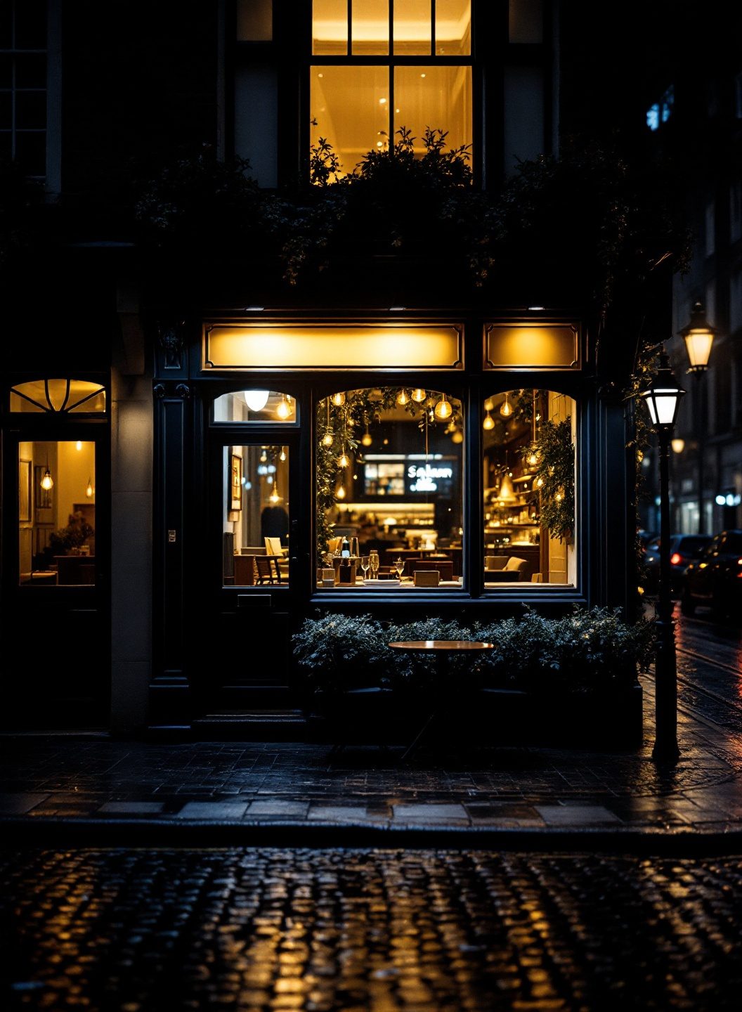 A British high-street shopfront glowing gold at night across a rain-slicked cobbled street